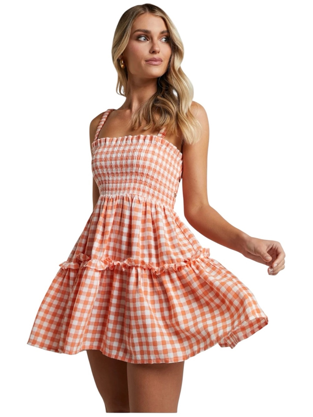 Showpo Orange White Gingham Mini Dress Tiered Tennessee Tailgate 6